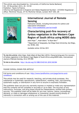 Characterizing Post-Fire Recovery of Fynbos Vegetation in the Western