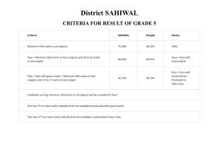 District SAHIWAL CRITERIA for RESULT of GRADE 5