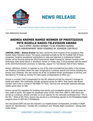 Andrea Kremer Named Winner of Prestigious Pete Rozelle