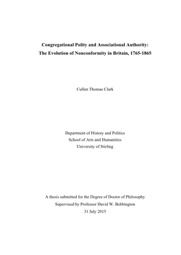 Congregational Polity and Associational Authority: the Evolution of Nonconformity in Britain, 1765-1865