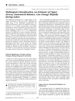 Mallampati Classification, an Estimate of Upper Airway Anatomical Balance, Can Change Rapidly During Labor