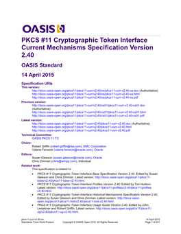 PKCS #11 Cryptographic Token Interface Current Mechanisms Specification Version 2.40 OASIS Standard 14 April 2015