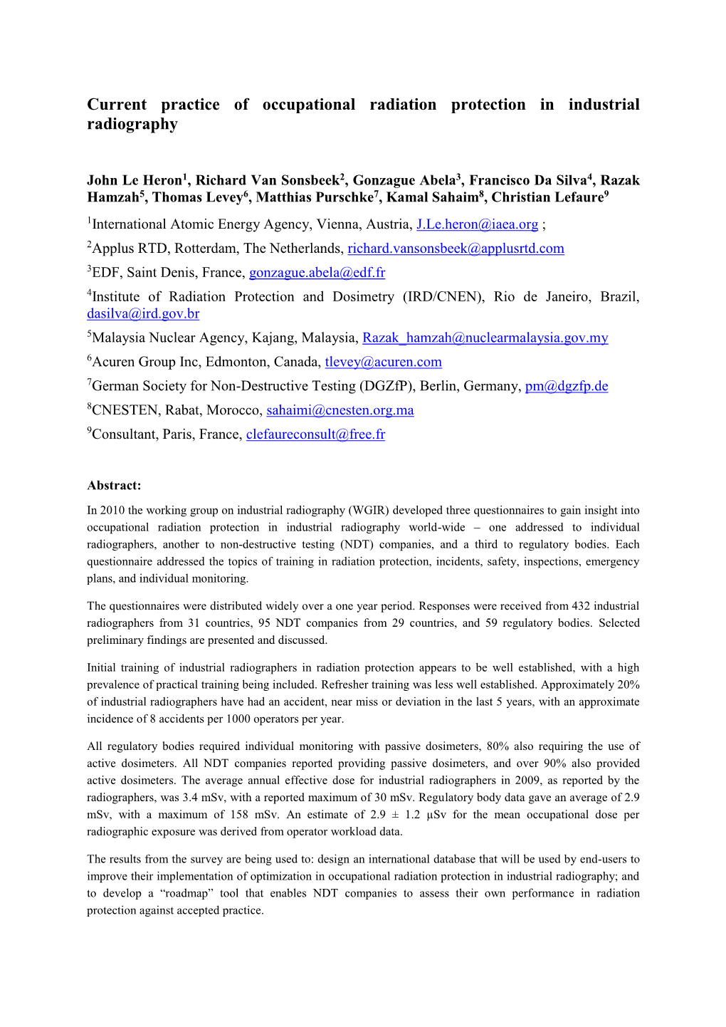 Current Practice of Occupational Radiation Protection in Industrial Radiography