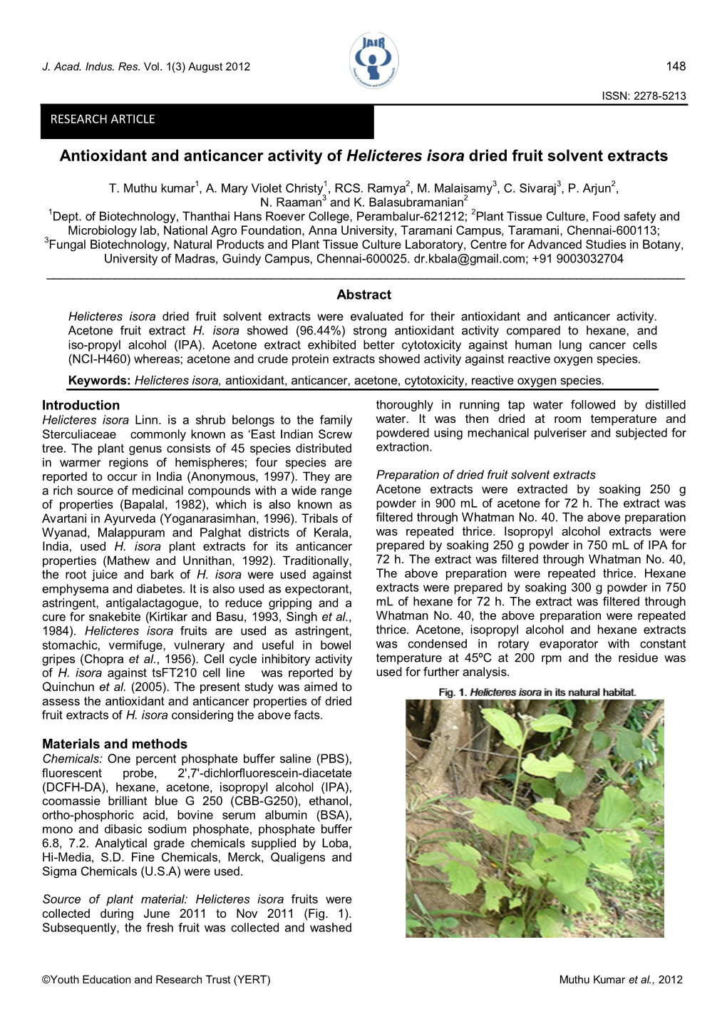 Antioxidant and Anticancer Activity of Helicteres Isora Dried Fruit Solvent Extracts