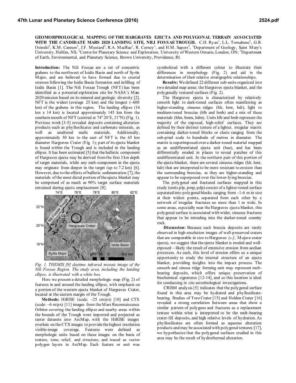 Geomorphological Mapping of the Hargraves Ejecta and Polygonal Terrain Associated with the Candidate Mars 2020 Landing Site, Nili Fossae Trough