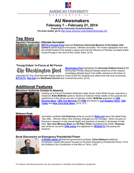 AU Newsmakers February 7 – February 21, 2014 Prepared by University Communications for Prior Weeks, Go To