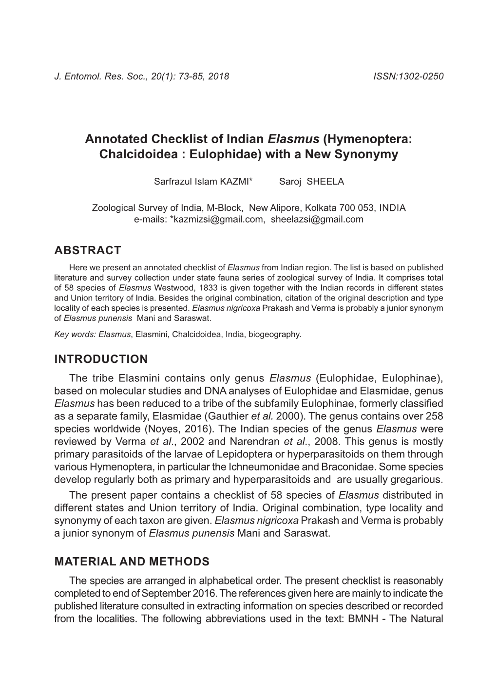Annotated Checklist of Indian Elasmus (Hymenoptera: Chalcidoidea : Eulophidae) with a New Synonymy