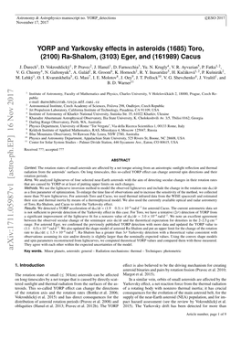 YORP and Yarkovsky Effects in Asteroids (1685) Toro,(2100) Ra