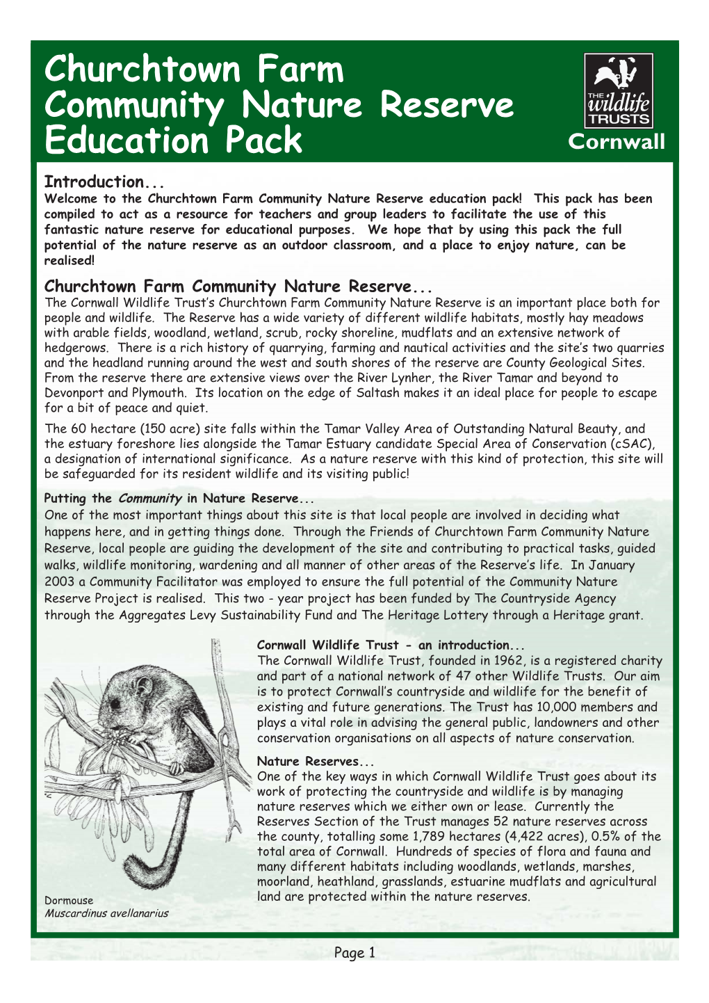 Churchtown Farm Community Nature Reserve Education Pack Introduction