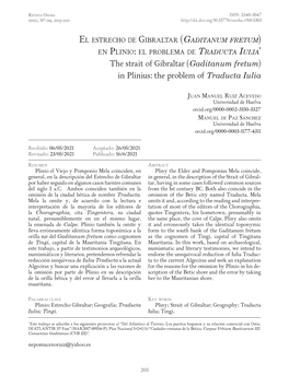 Gaditanum Fretum) En Plinio: El Problema De Traducta Iulia* the Strait of Gibraltar (Gaditanum Fretum) in Plinius: the Problem of Traducta Iulia