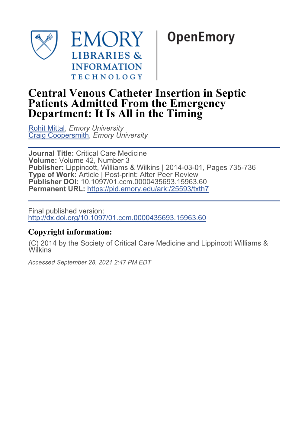 Central Venous Catheter Insertion in Septic Patients