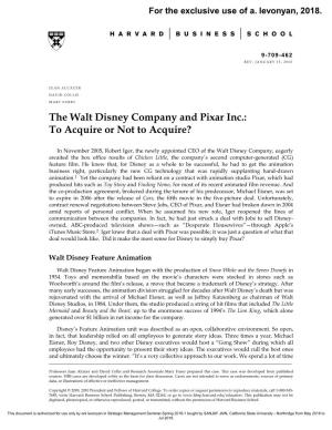The Walt Disney Company and Pixar Inc.: to Acquire Or Not to Acquire?