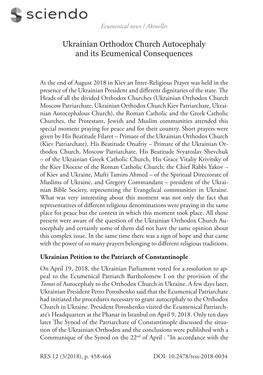 Ukrainian Orthodox Church Autocephaly and Its Ecumenical Consequences