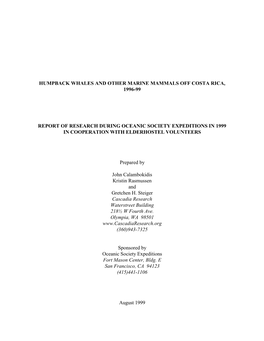 Humpback Whales and Other Marine Mammals Off Costa Rica, 1996-99