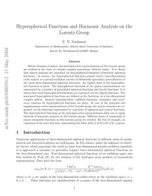 Hyperspherical Functions and Harmonic Analysis on the Lorentz