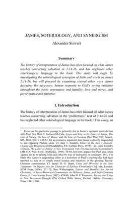 JAMES, SOTERIOLOGY, and SYNERGISM Alexander Stewart