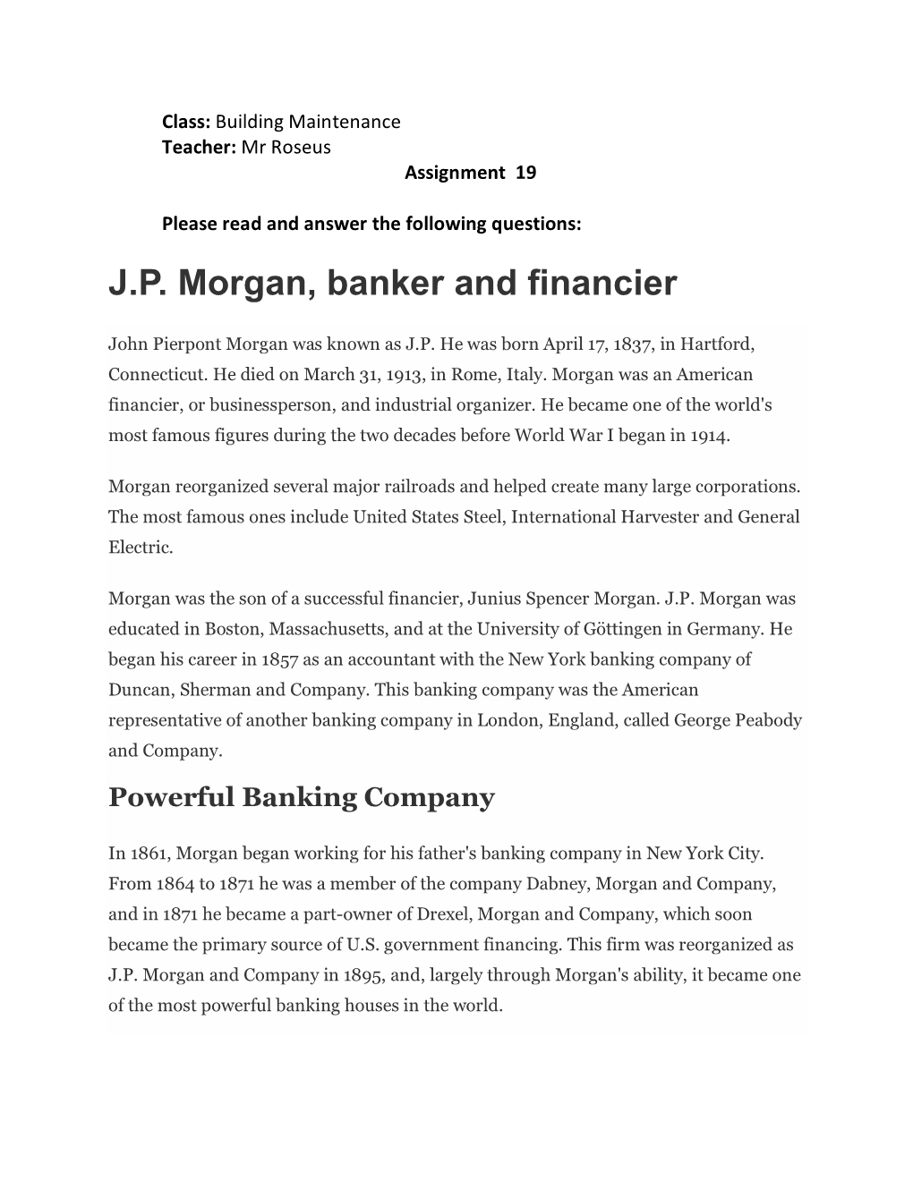 J.P. Morgan, Banker and Financier