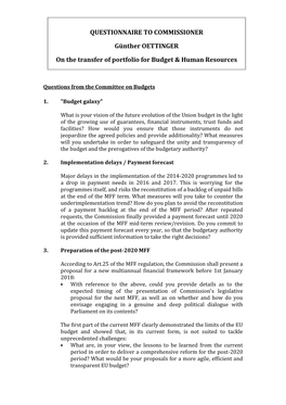 QUESTIONNAIRE to COMMISSIONER Günther