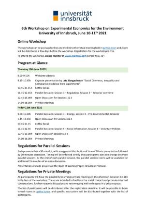 6Th Workshop on Experimental Economics for the Environment University of Innsbruck, June 10-11Th 2021