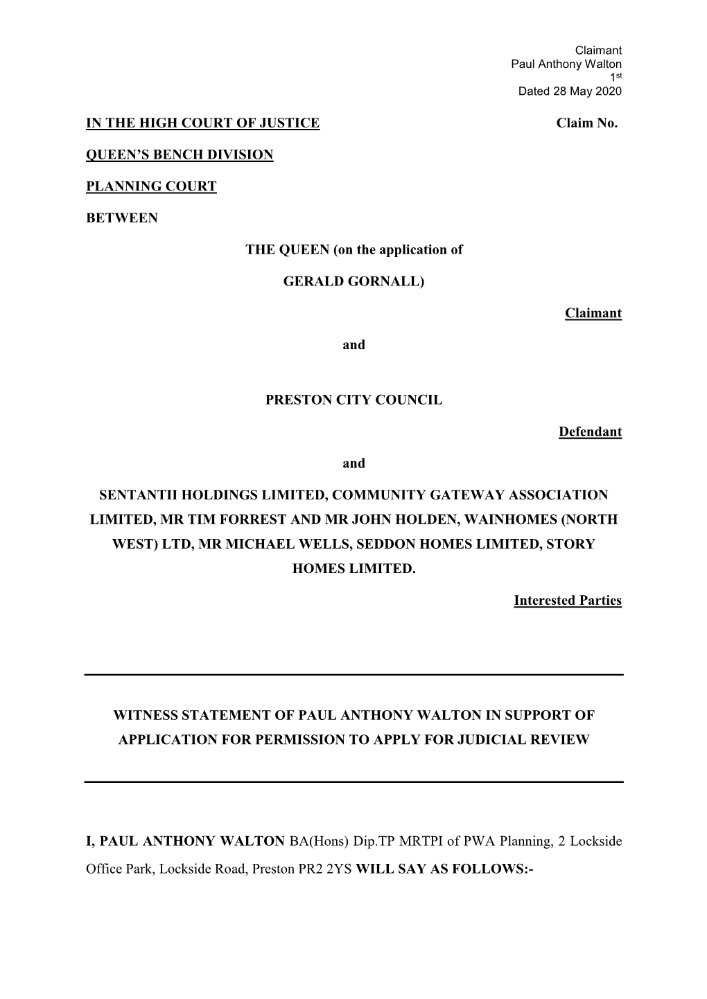 Witness Statement of Paul Anthony Walton in Support of Application for Permission to Apply for Judicial Review