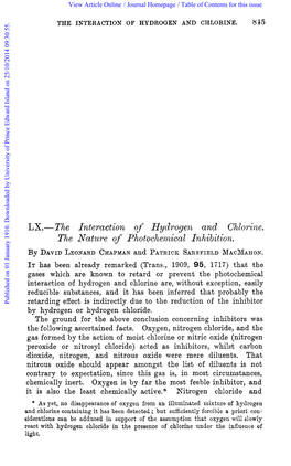 The Interaction of Hydrogen and Chlorine. the Nature of Photoche?Nical Inhibition