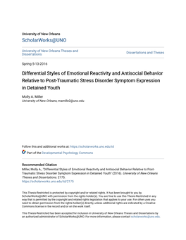 Differential Styles of Emotional Reactivity and Antisocial Behavior Relative to Post-Traumatic Stress Disorder Symptom Expression in Detained Youth