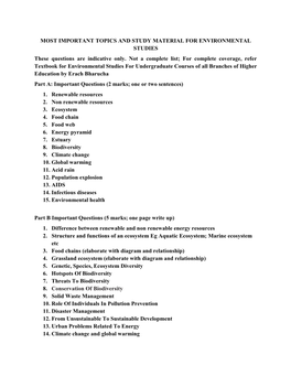 ENVIRONMENTAL STUDIES These Questions Are Indicative Only