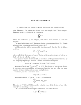Riemann-Roch Theorem and Applications 10.1. Divisors. the Notion of a Divisor Looks Very Simple