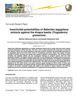 Insecticidal Potentialities of Balanites Aegyptiaca Extracts Against the Khapra Beetle ( Trogoderma Granarium )