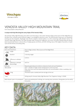 VENOSTA VALLEY HIGH MOUNTAIN TRAIL from Stava/Staben to Resia/Reschen