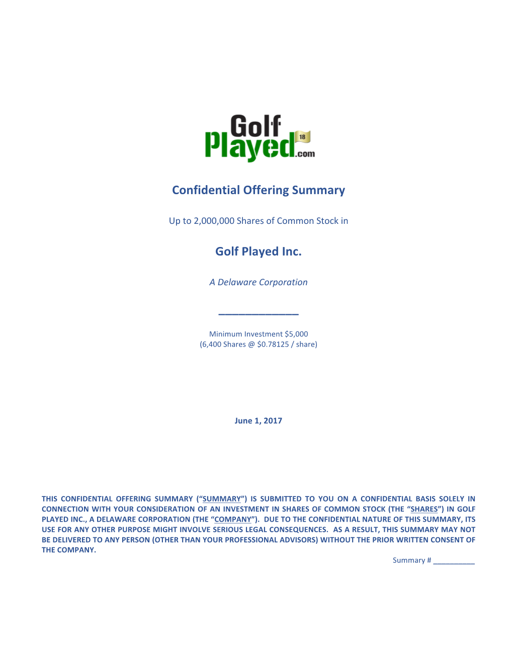 Confidential Offering Summary Golf