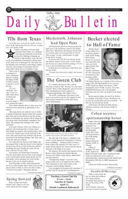 Becker Elected to Hall of Fame Tds from Texas the Goren Club