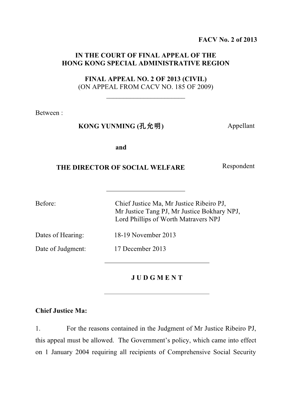 FACV No. 2 of 2013 in the COURT of FINAL APPEAL of the HONG