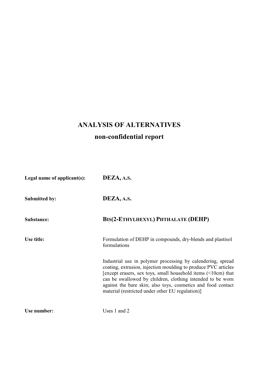 ANALYSIS of ALTERNATIVES Non-Confidential Report