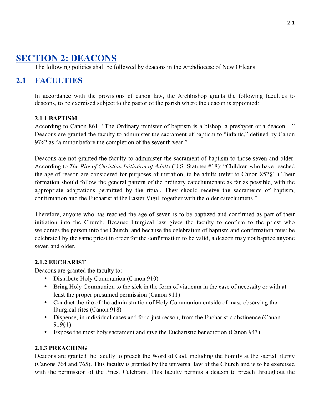 SECTION 2: DEACONS the Following Policies Shall Be Followed by Deacons in the Archdiocese of New Orleans