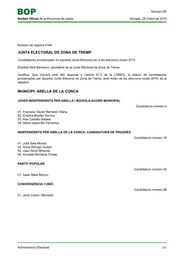 Junta Electoral De Zona De Tremp Municipi: Abella De La Conca