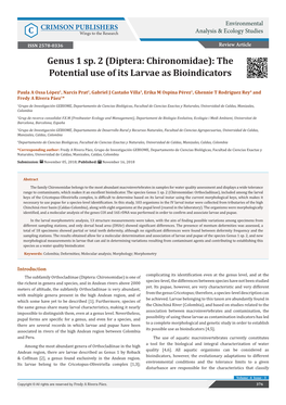 Genus 1 Sp. 2 (Diptera: Chironomidae): the Potential Use of Its Larvae As Bioindicators