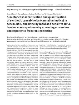(Cannabimimetics) in Serum, Hair, and Urine by Rapid and Sensitive HPLC Tandem Mass Spectrometry Screenings: Overview and Experience from Routine Testing