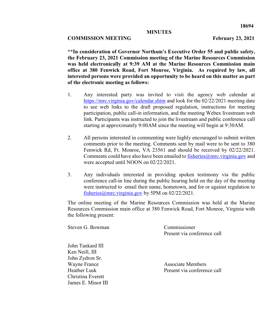 18694 MINUTES COMMISSION MEETING February 23, 2021 **In