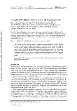 Fecundity of the Chinese Mystery Snail in a Nebraska Reservoir Bruce J