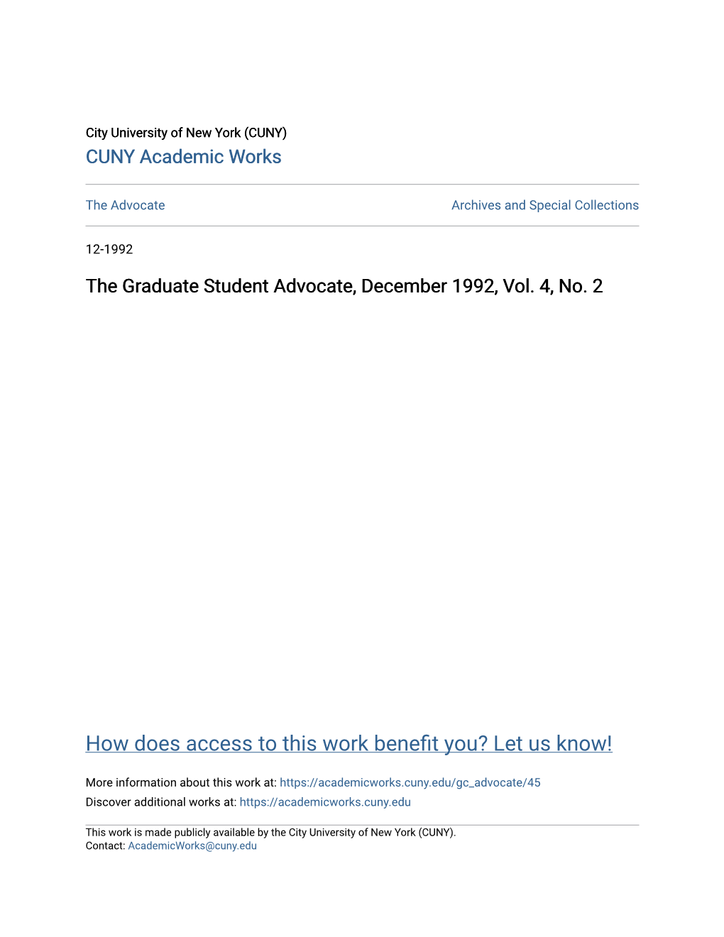 The Graduate Student Advocate, December 1992, Vol. 4, No. 2