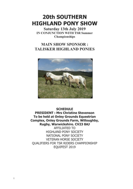 20Th SOUTHERN HIGHLAND PONY SHOW Saturday 13Th July 2019 in CONJUNCTION with TSR Summer Championships