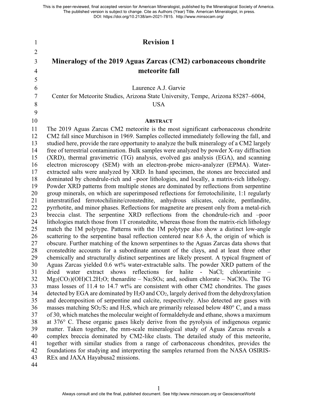 Revision 1 Mineralogy of the 2019 Aguas Zarcas (CM2) Carbonaceous