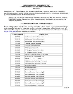 Florida Course Code Directory Computer Science Course Information 2019-2020