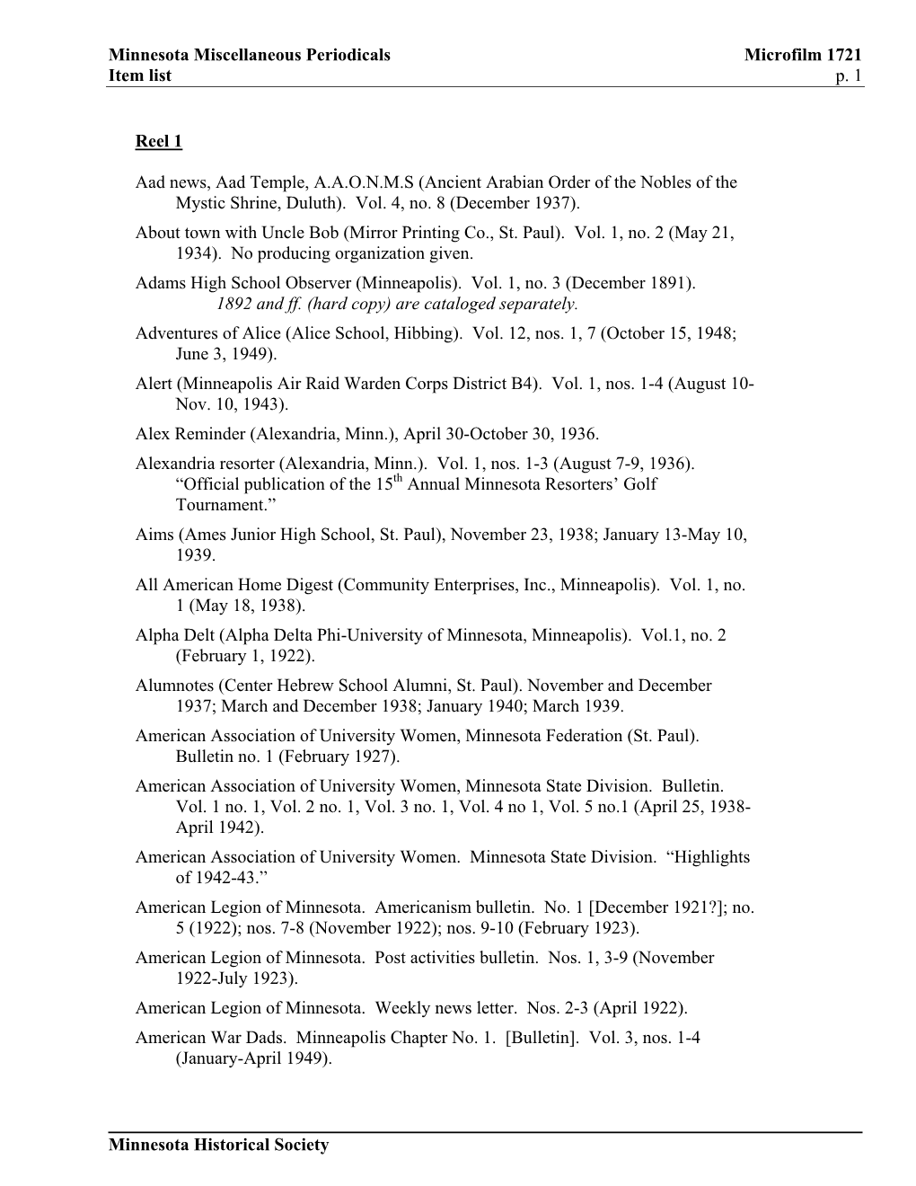 Minnesota Miscellaneous Periodicals : November 1875-September 6, 1962