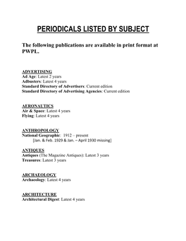 Subject List of Periodicals As of 11/20/20