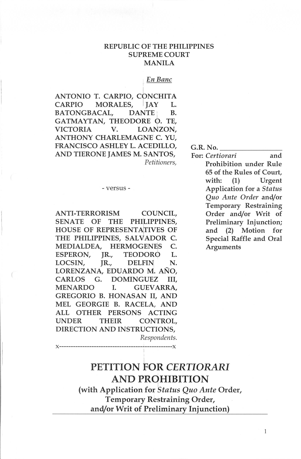 Petition for Certiorari and Prohibition