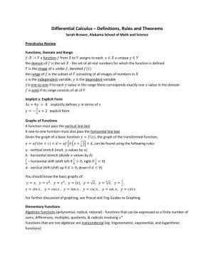 Differential Calculus – Definitions, Rules and Theorems Sarah Brewer, Alabama School of Math and Science