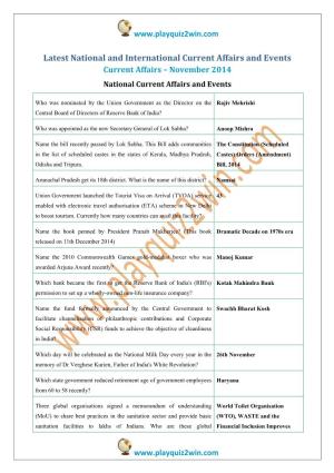 Latest National and International Current Affairs and Events Current Affairs – November 2014 National Current Affairs and Events