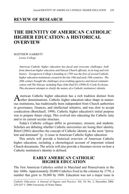The Identity of American Catholic Higher Education: a Historical Overview